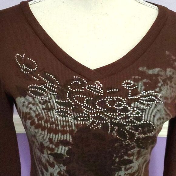 Brown Fitted Floral Bling & Angel Wings Biker Emo Long Sleeve Crop Top - Picture 2 of 7